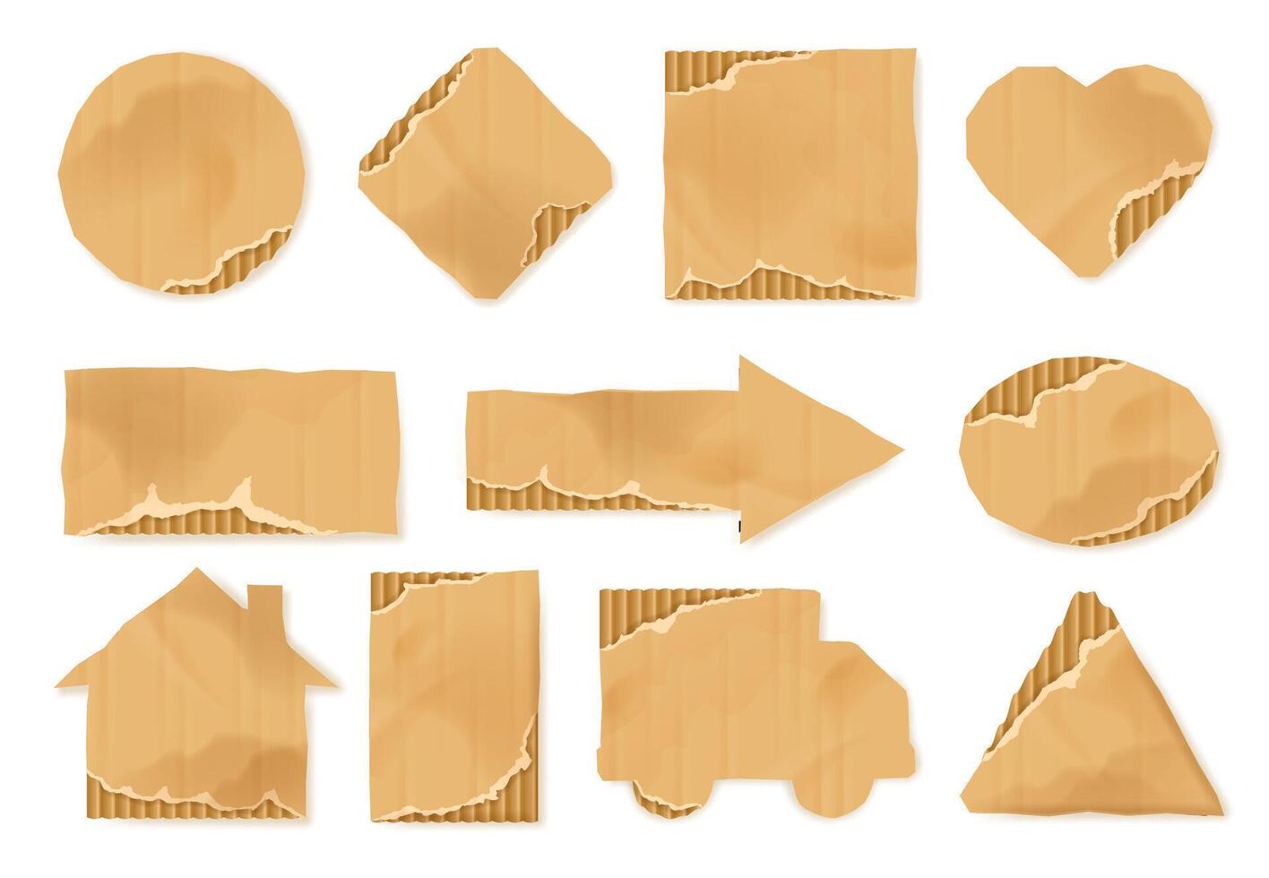 Cardboard shapes. Paperboard cutouts shapes of delivery truck, home icon, brown cardboard arrow and craft heart symbols isolated illustration set vector