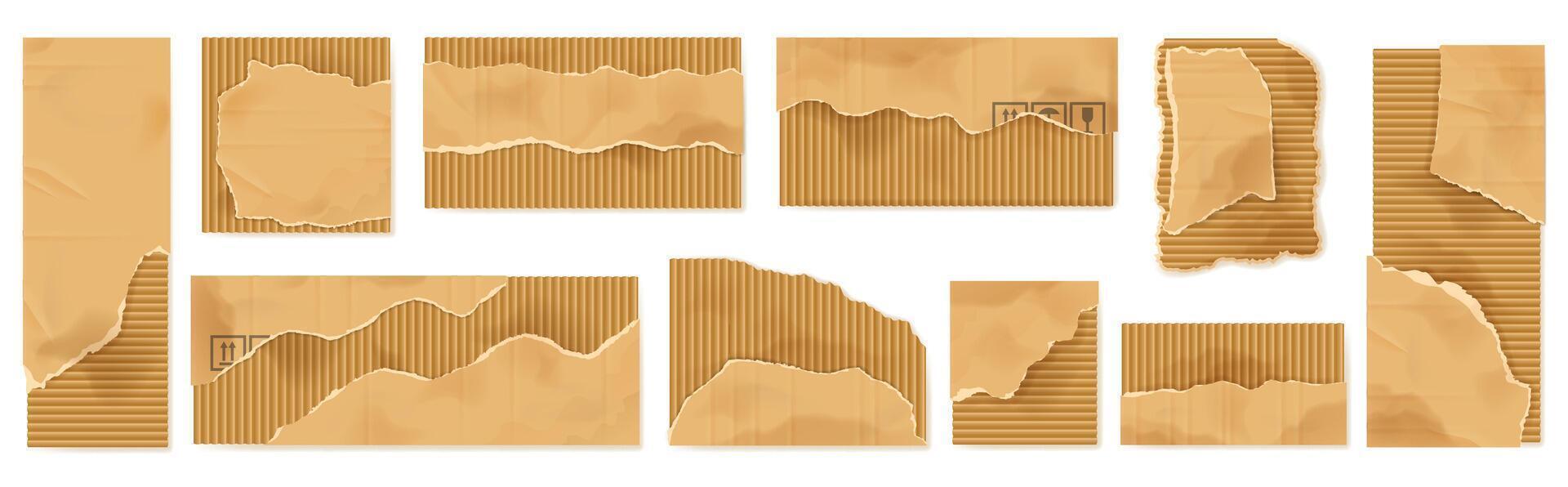 Torn cardboard pieces. Damaged paperboard sheet texture scraps with jagged edges, crafting and shipping packaging isolated illustration set vector
