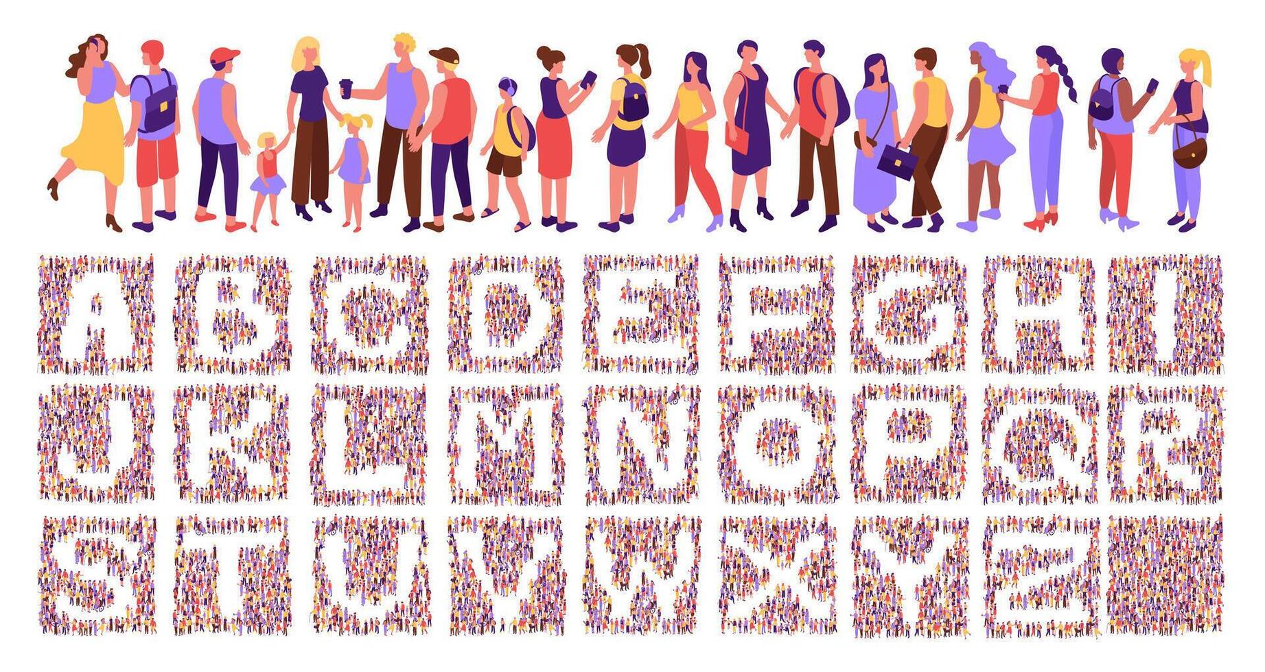 Crowd font. Social typography with isometric top view citizens. Community of people with alphabet letters in negative space set vector