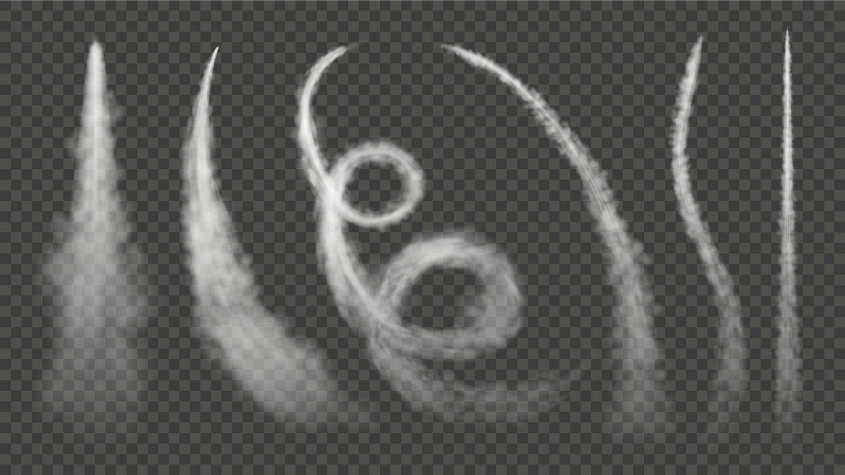 Plane smoke trails. Airplane fly effect, rocket engine tracks and vapor swirl in air isolated illustration set vector