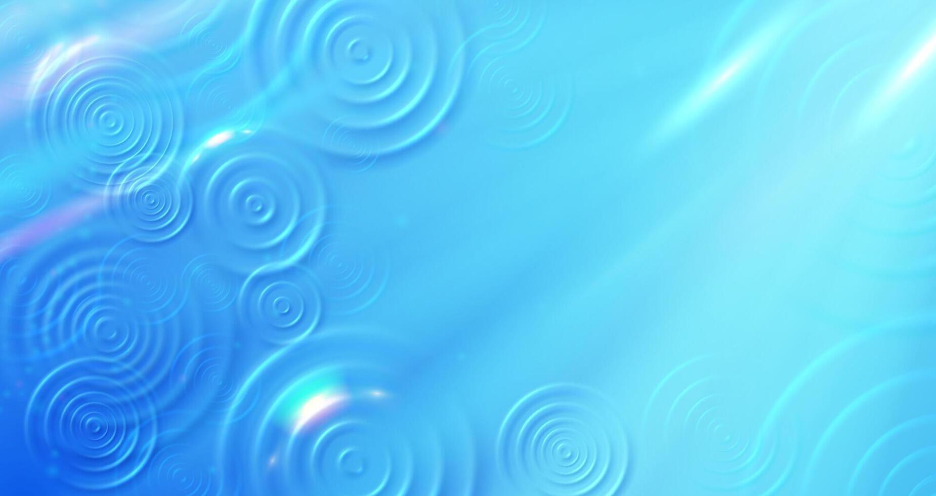Top view rings on water. Rainy sunny day, radiant blue water surface with raindrops ripples circles background illustration vector