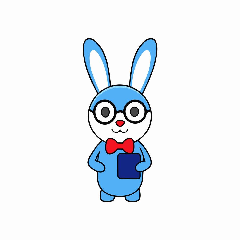 Adorable illustration of a rabbit with big glasses, a bow tie, and holding a mobile. Perfect for quirky designs, digital art, and fun projects vector