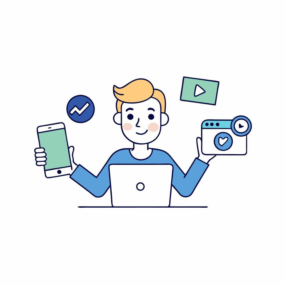 illustration of a digital marketer with laptop and some icon vector