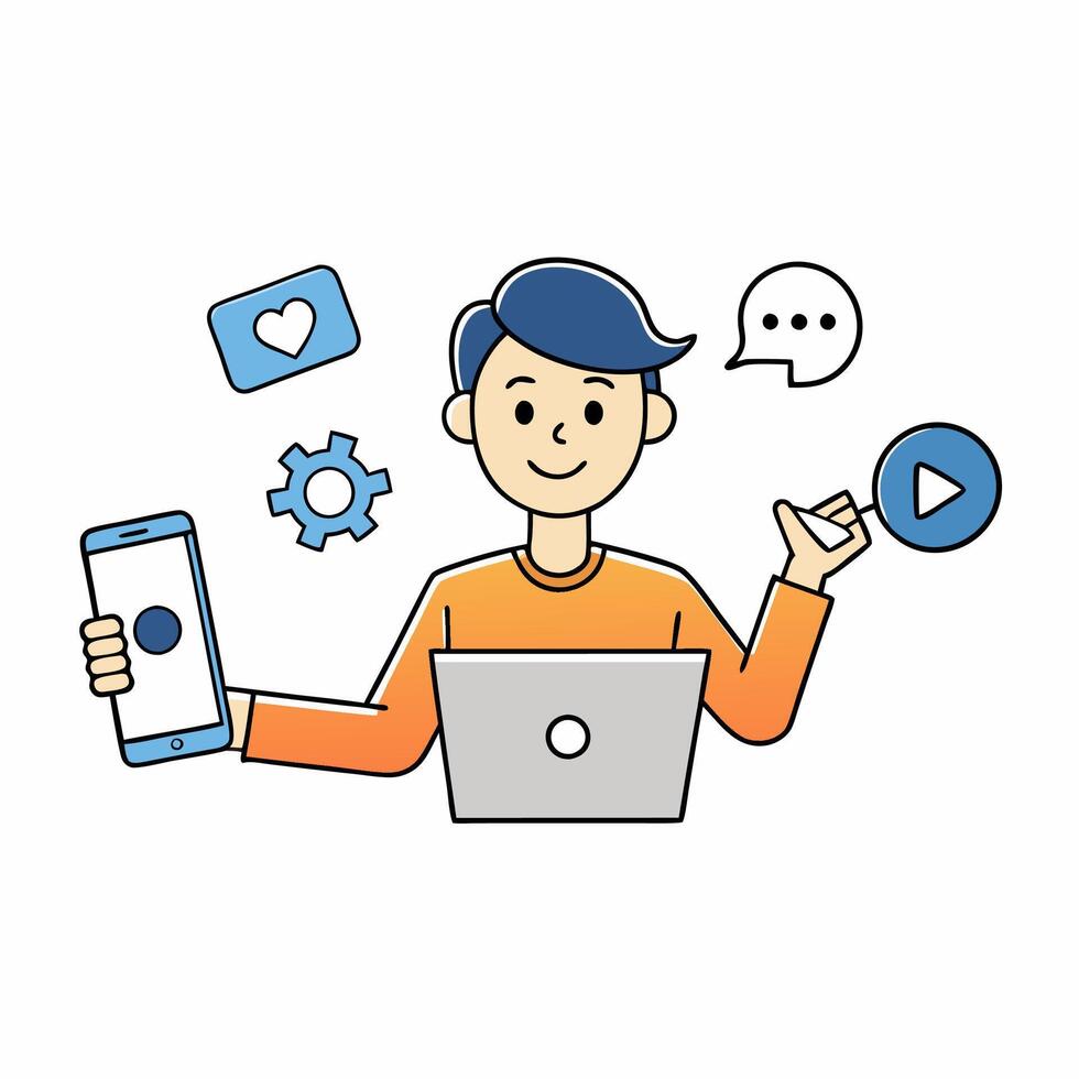 illustration of a digital marketer with laptop and some icon vector