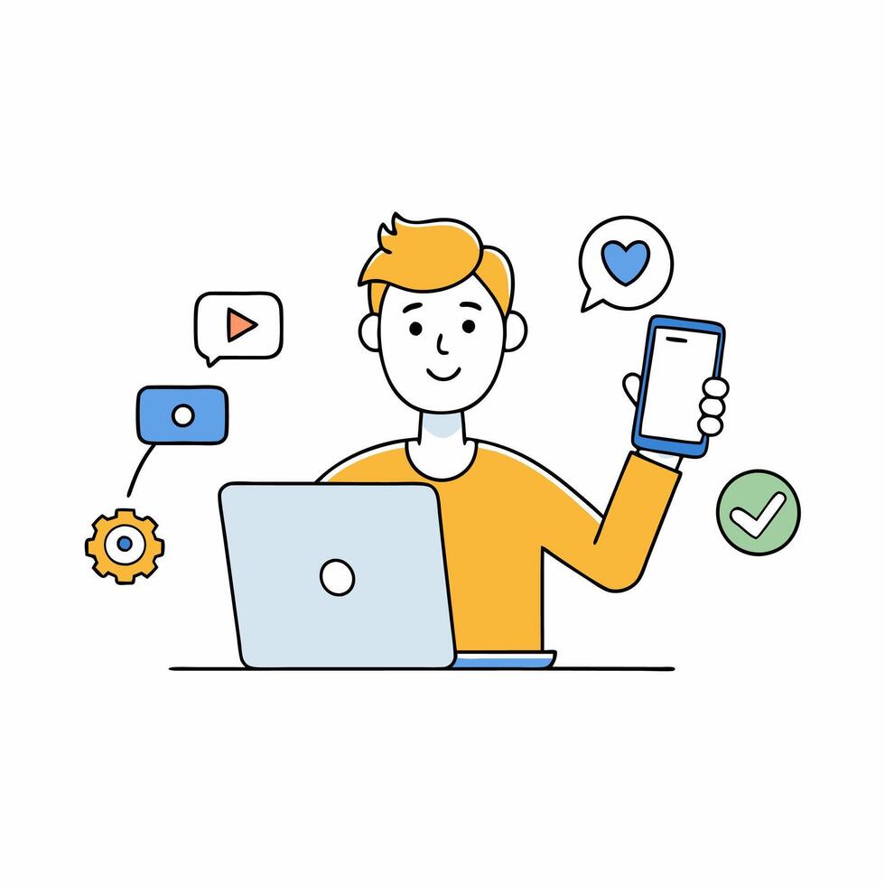 illustration of a digital marketer with laptop and some icon vector