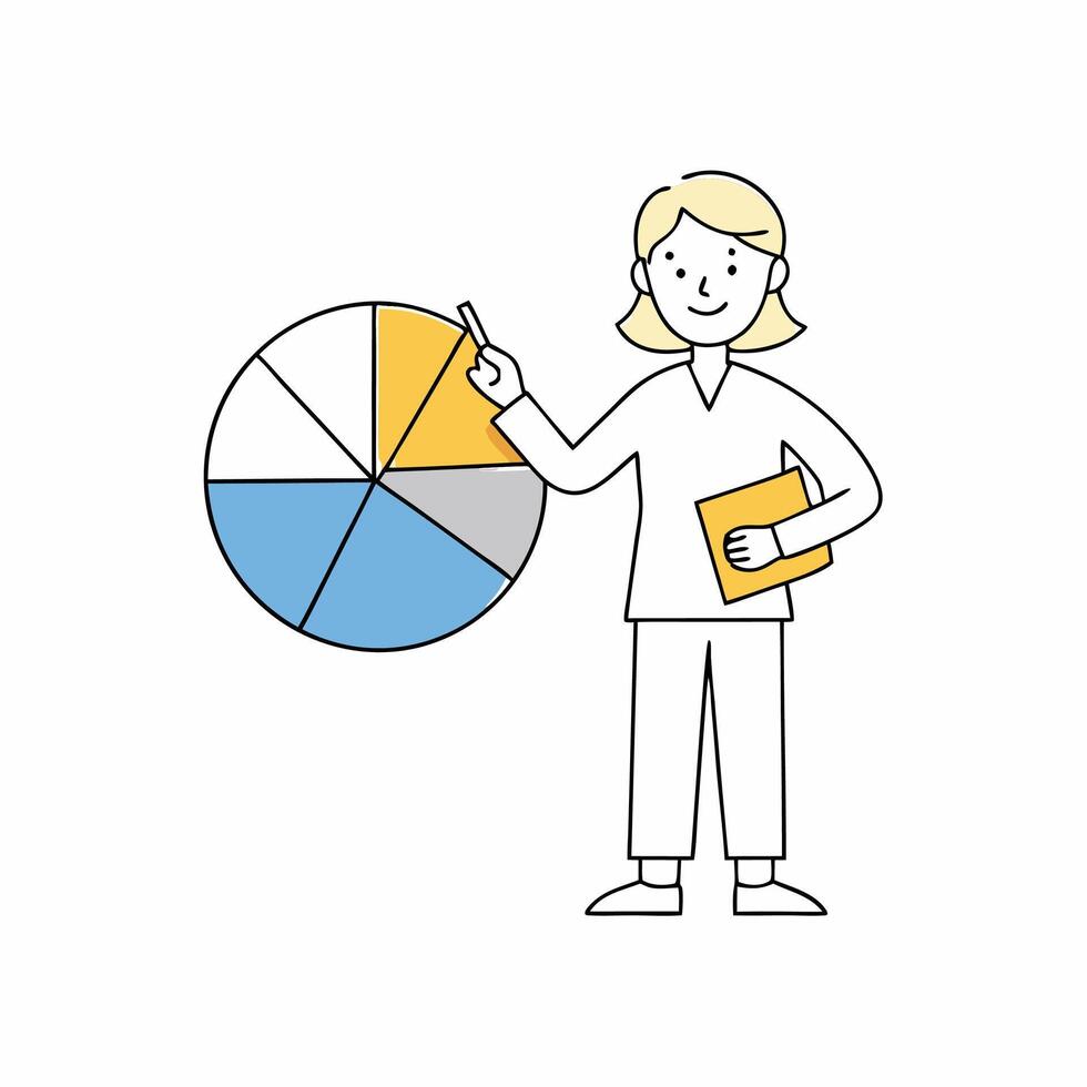 Index Investor Ingrid presenting a pie chart illustration, ideal for financial analysis, business reports, and investment presentations. Clean, professional, and detailed vector