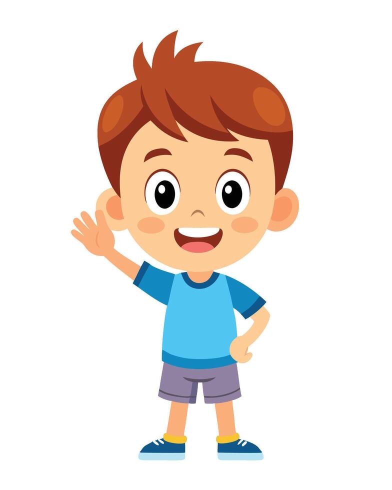 Little boy cartoon waving hand on white background vector