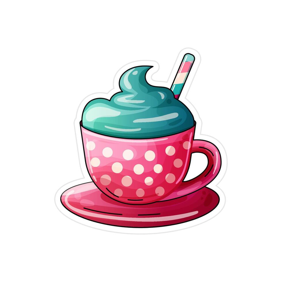 isolated flat matcha coffee in pink cup with white dots on the white background. sticker art vector