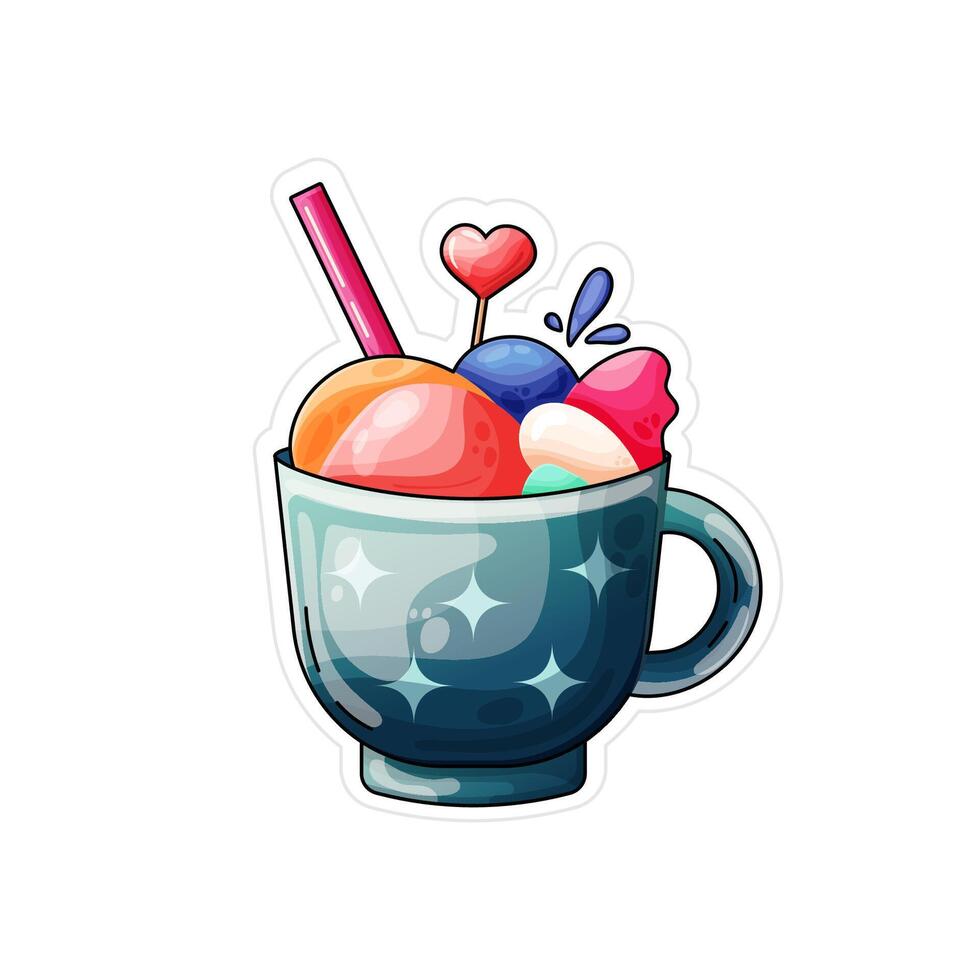 isolated sweet simple chocolate drink with colorful marshmallows in blue cup on the white background. sticker art vector