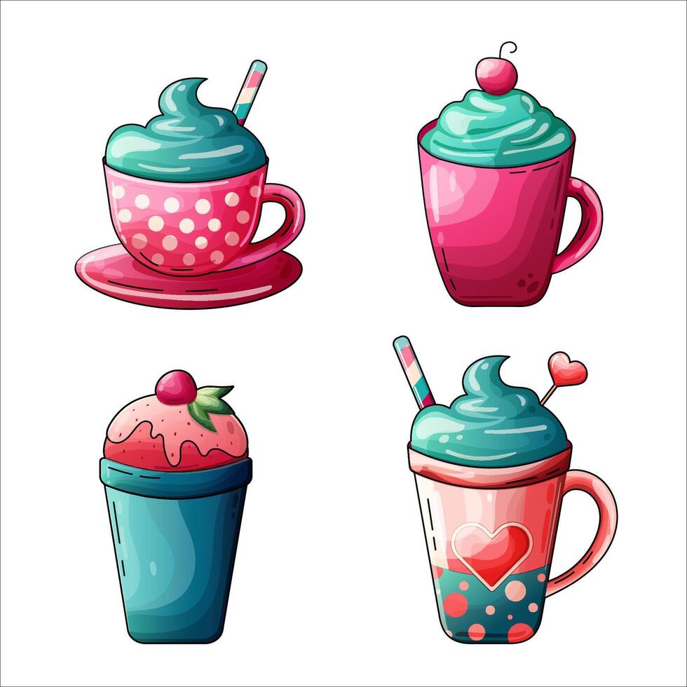 set of four isolated colorful coffee cups on the white background. group of sticker art vector