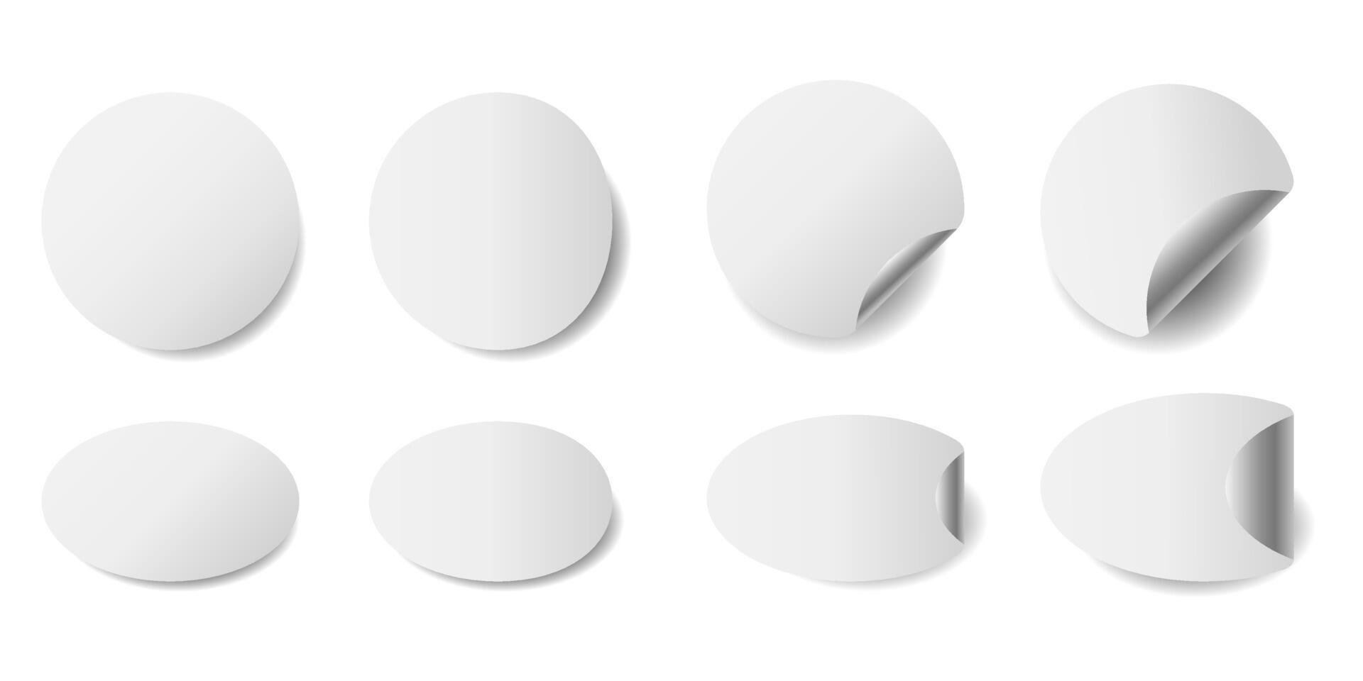 Set of paper round stickers with peeling corner and shadow, isolated rounded plastic mockup, realistic set round paper adhesive sticker mockup with curved corner vector
