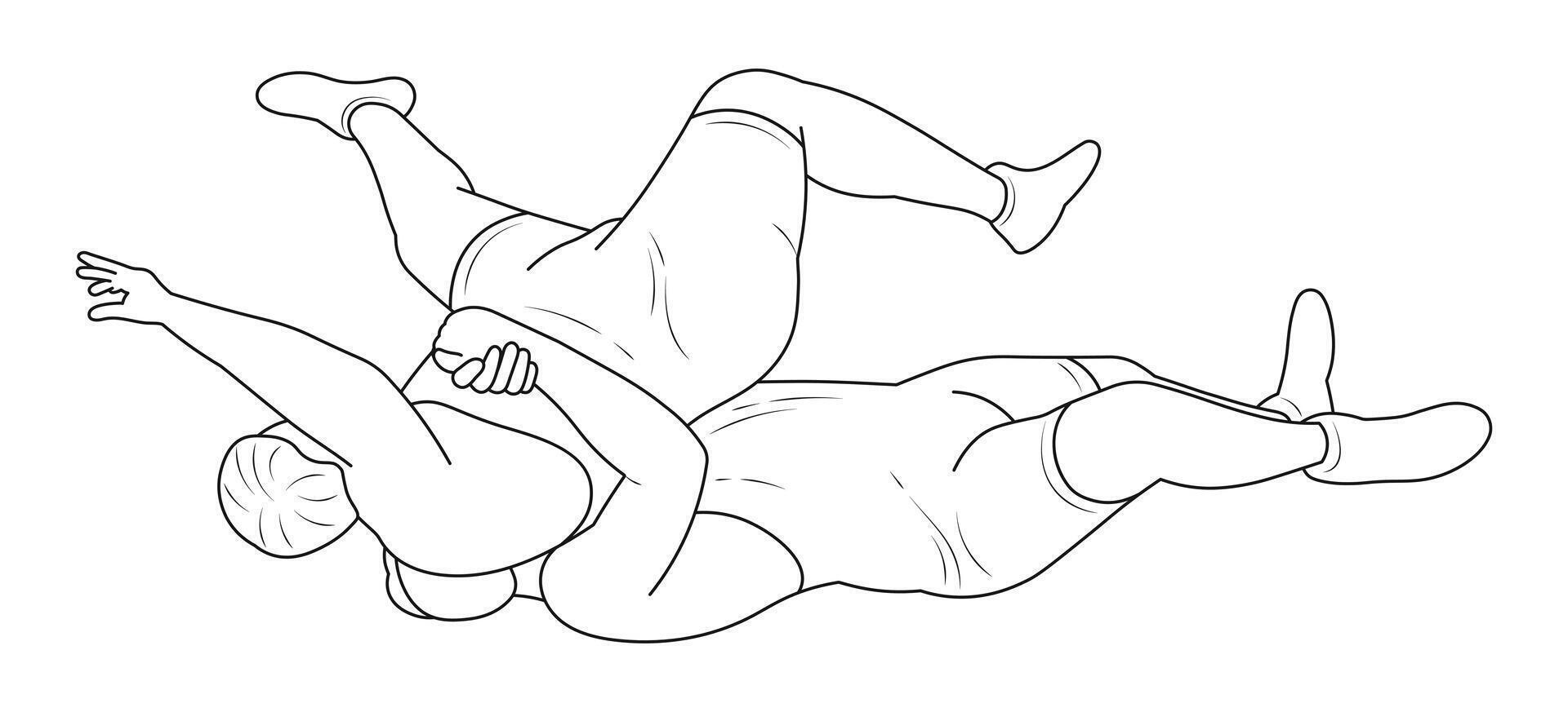 Wrestlers in a prone position, Greco Roman wrestling, duel, sketch outline vector