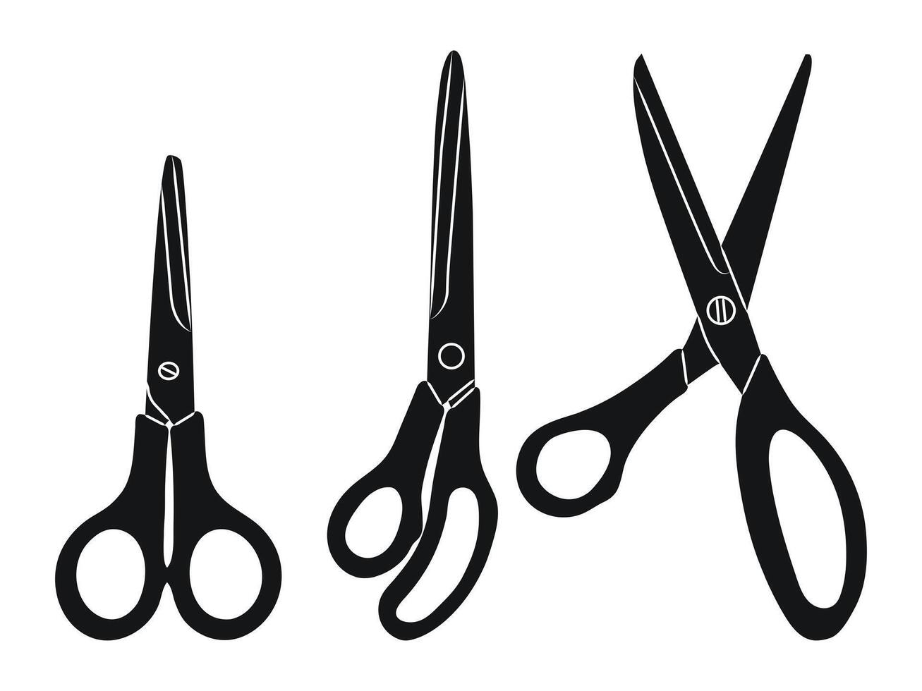 Stationery scissors, different shape and position of the blades, tool silhouette sketch vector
