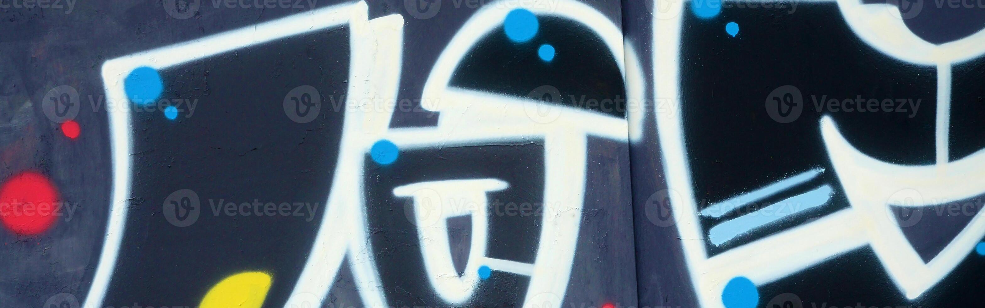 Colorful background of graffiti painting artwork with bright aerosol outlines on wall. Old school street art piece made with aerosol spray paint cans. Contemporary youth culture photo