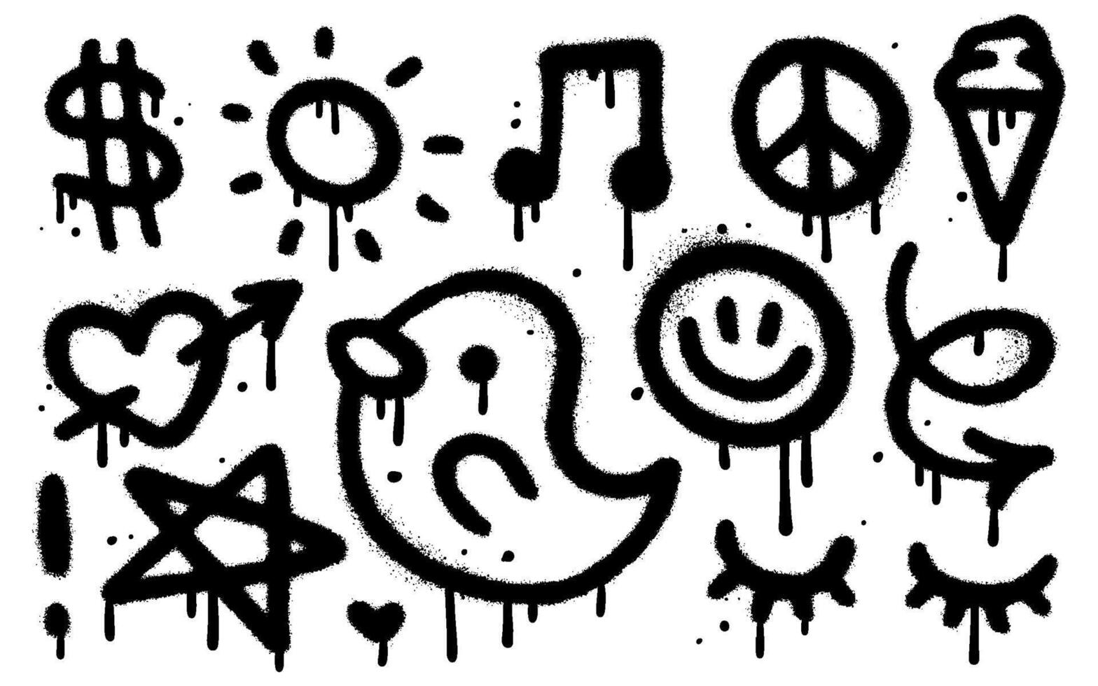 Big Set of simple graffiti spray elements. Collection of sprayed texture bird, peace, heart, dollar, sun, arrow, melody note. Elements on white background for banner, decoration, street art. vector