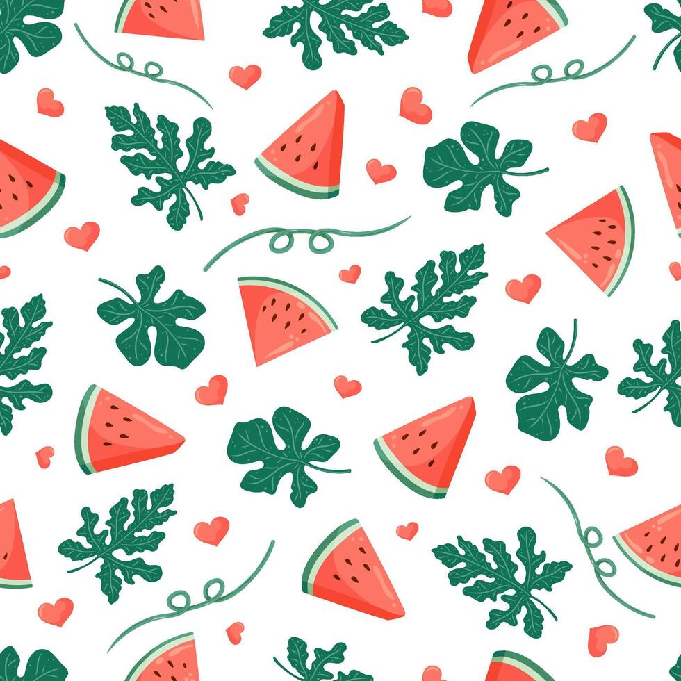 Watermelon seamless pattern with watermelon slices, leaves, flowers and hearts. Summer fruit illustration. Tropical background for baby fabric, kids textile, packaging, wrapping, scrapbook. vector