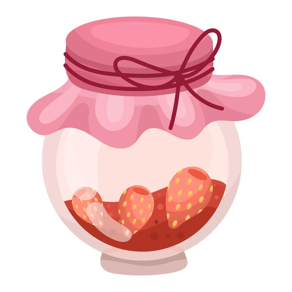 Strawberry jam in a glass preservation jar on a white background. Illustration vector