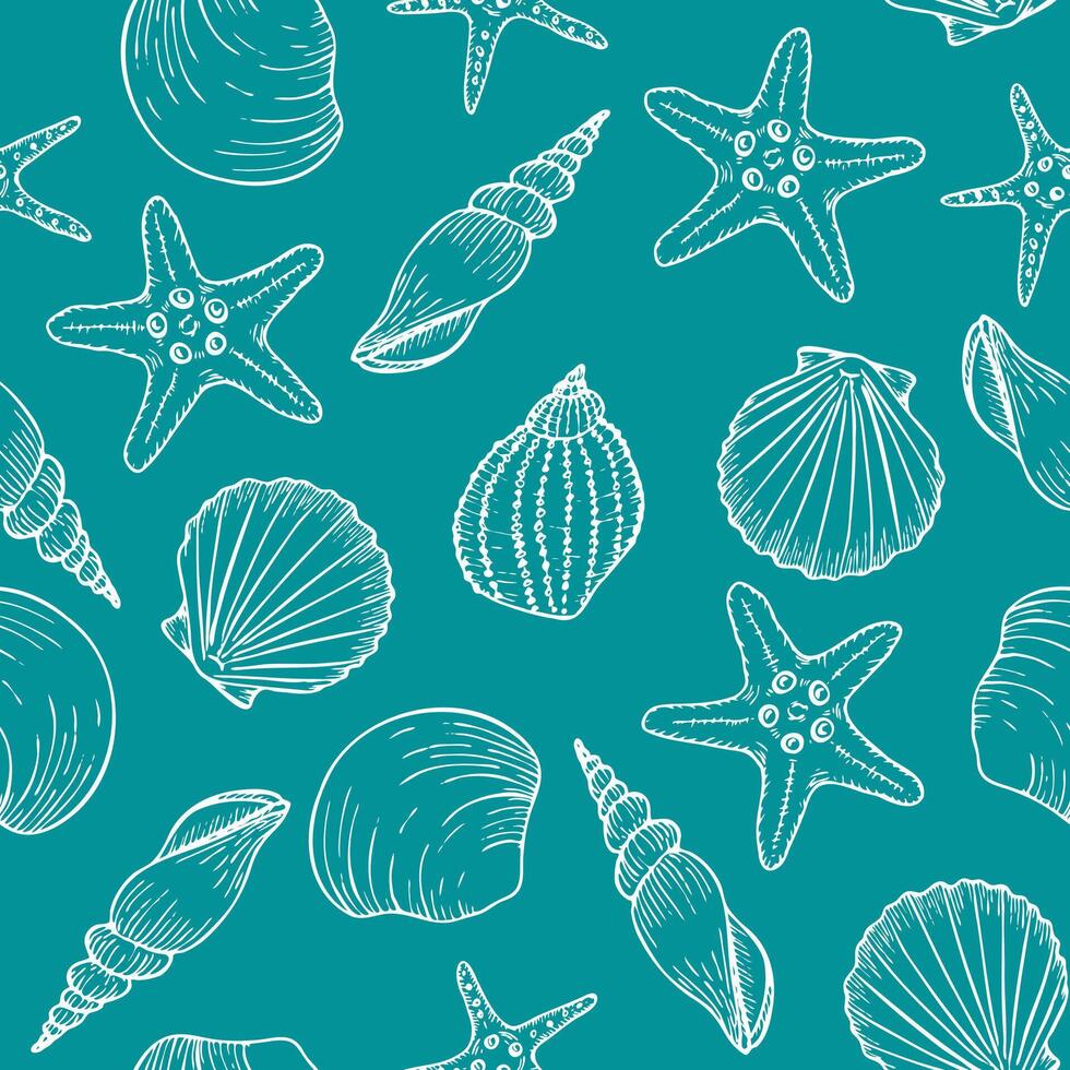 Underwater seamless pattern with seashell line art illustrations in white color on turquoise background. Scallop sketch, seashell line drawing. Summer ocean beach print for background, textile, fabric vector