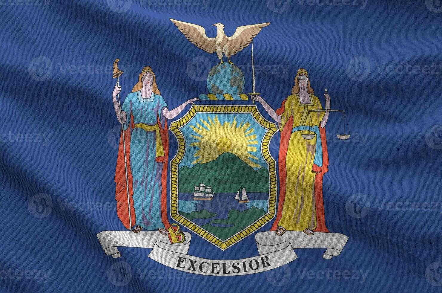 New York US state flag depicted on folded wavy fabric of old cloth photo