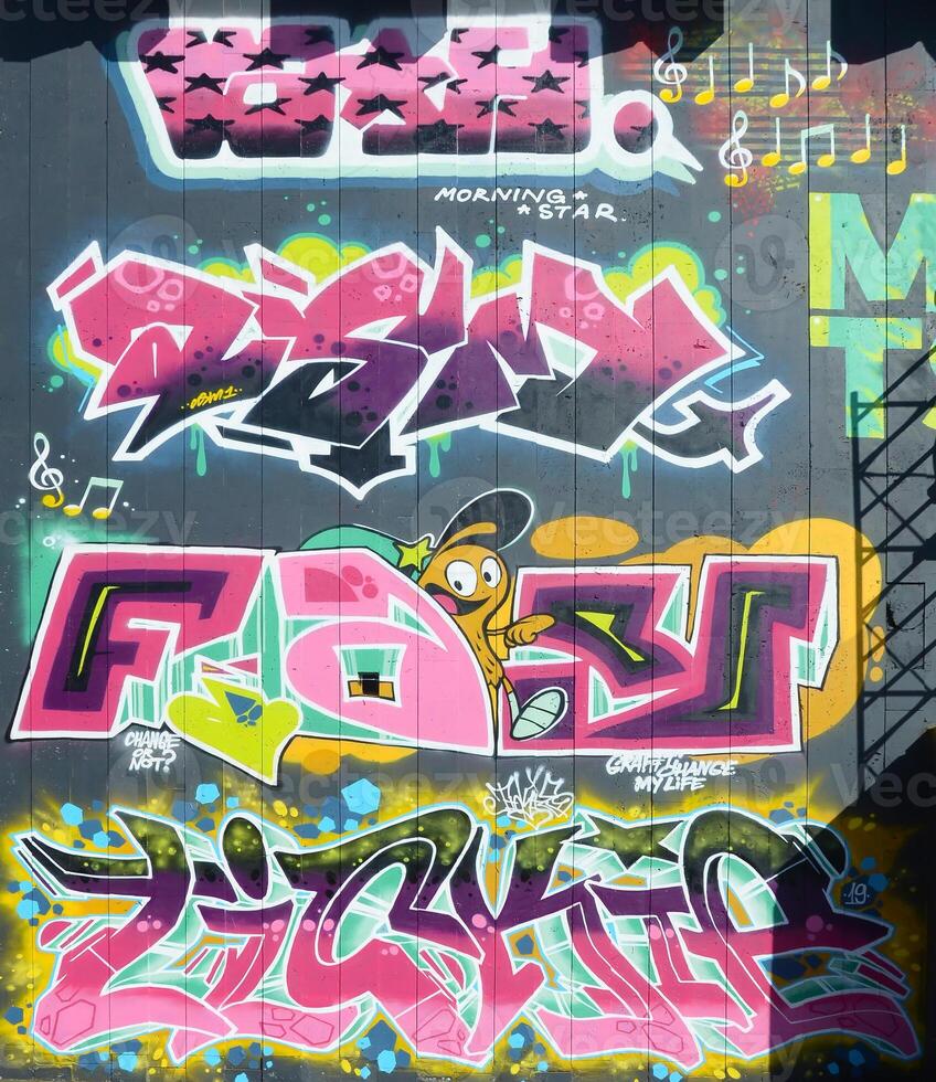 Colorful background of graffiti painting artwork with bright aerosol outlines on wall. Old school street art piece made with aerosol spray paint cans. Contemporary youth culture photo