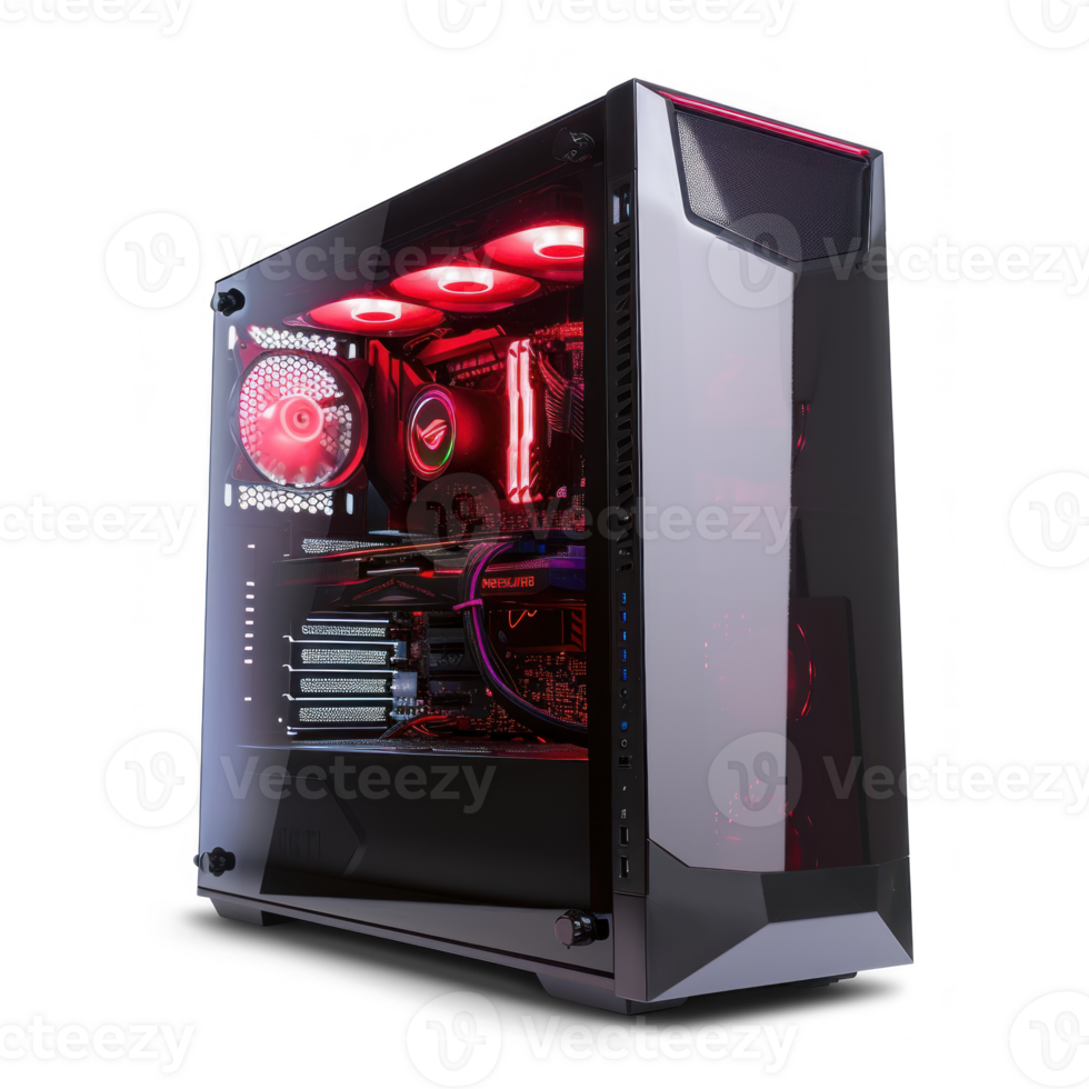 a computer case with purple lights on it on transparent background png