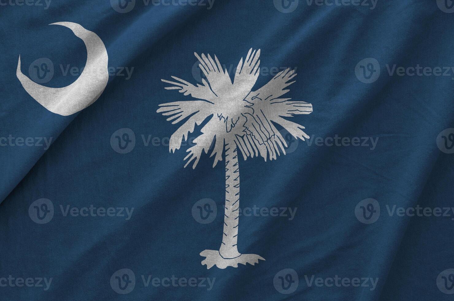 South Carolina US state flag depicted on folded wavy fabric of old cloth photo