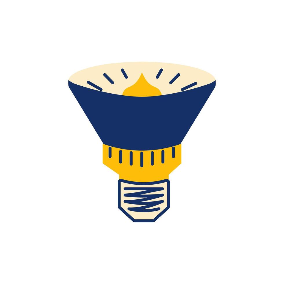 Halogen lamp isolated. Bulb for spot lighting on ceiling. Disc-shaped reflector. Lighting equipment in cone. Illumination. Electricity. Flat style. Color image - yellow and blue. illustration vector