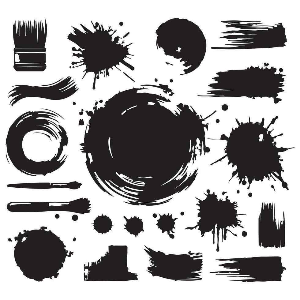 Grungy paint brush strokes and artistic ink splatters with smears and stains. Ink paint splashes with drips, blot drops, dry brush marks, rough round frames. illustration with white background vector