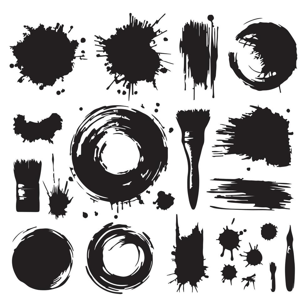 Grungy paint brush strokes and artistic ink splatters with smears and stains. Ink paint splashes with drips, blot drops, dry brush marks, rough round frames. illustration with white background vector