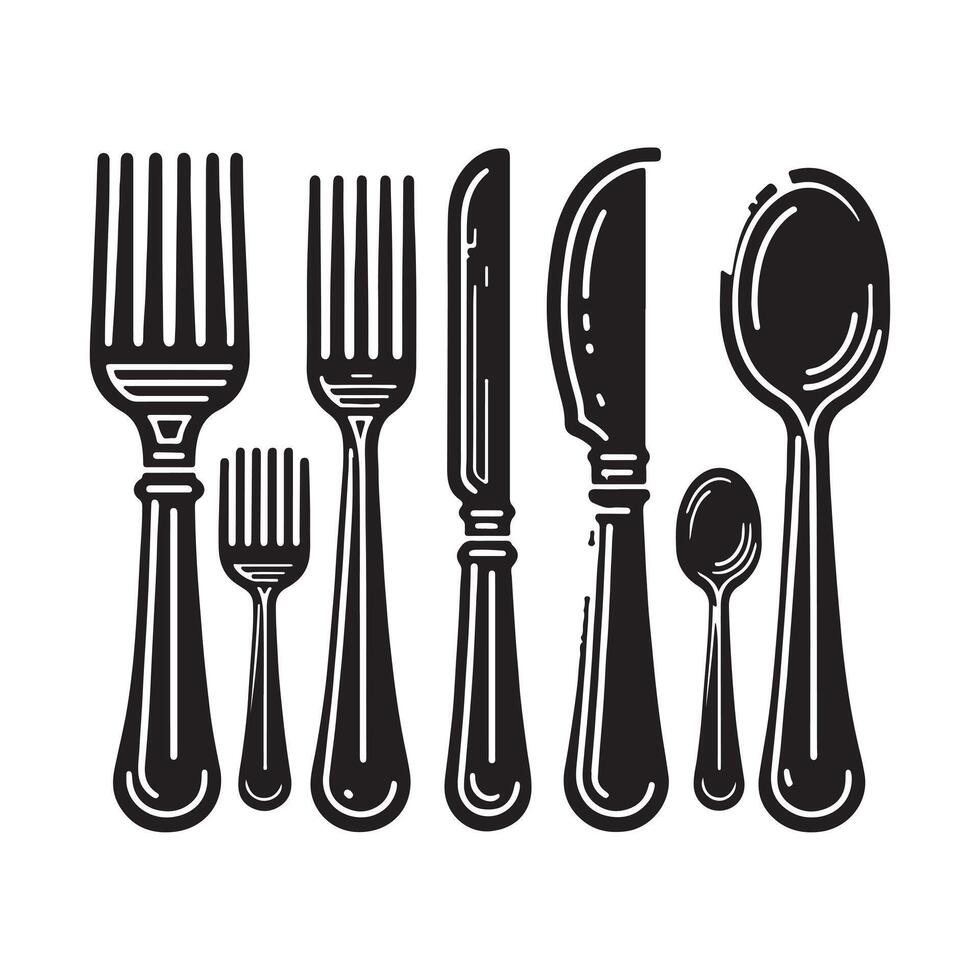 Set of fork, knife, spoon. Logotype menu. Set in flat style. Silhouette of cutlery. illustration vector