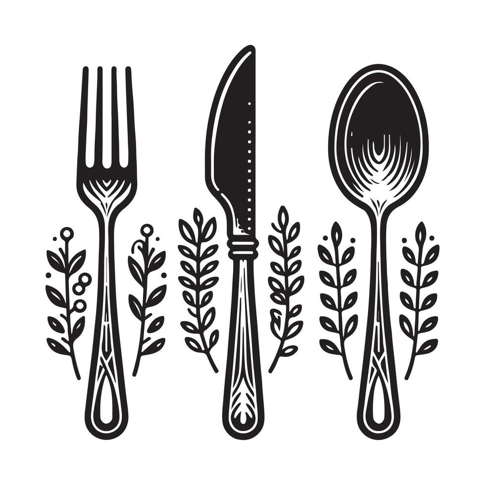 Set of fork, knife, spoon. Logotype menu. Set in flat style. Silhouette of cutlery. illustration vector