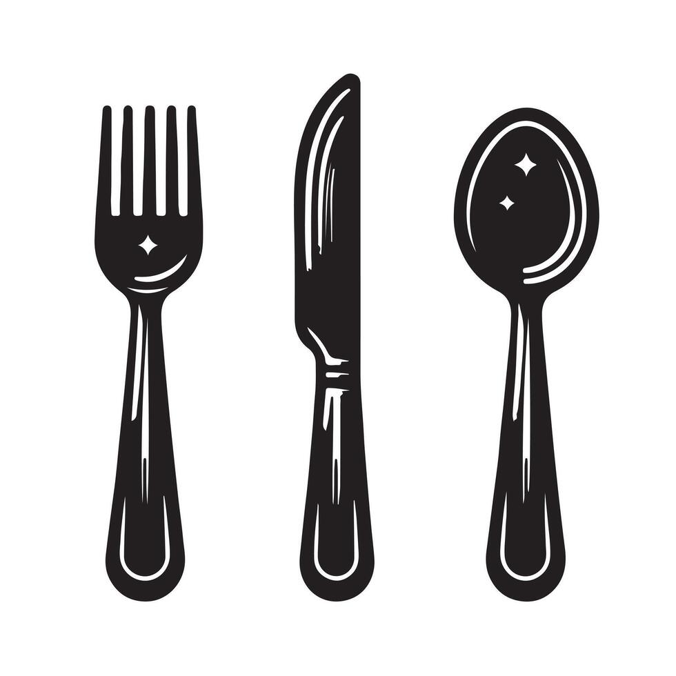 Set of fork, knife, spoon. Logotype menu. Set in flat style. Silhouette of cutlery. illustration vector