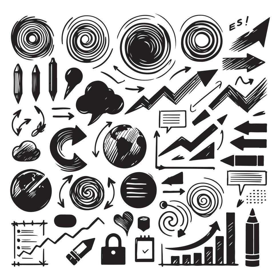 Charcoal hand drawn pencil arrows, business scribbles and circle boxes set. Chalk marker curved squiggle textured elements and lines. illustration of freehand crayon sketch vector