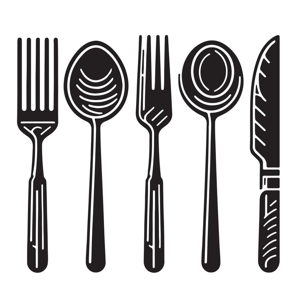 Set of fork, knife, spoon. Logotype menu. Set in flat style. Silhouette of cutlery. illustration vector