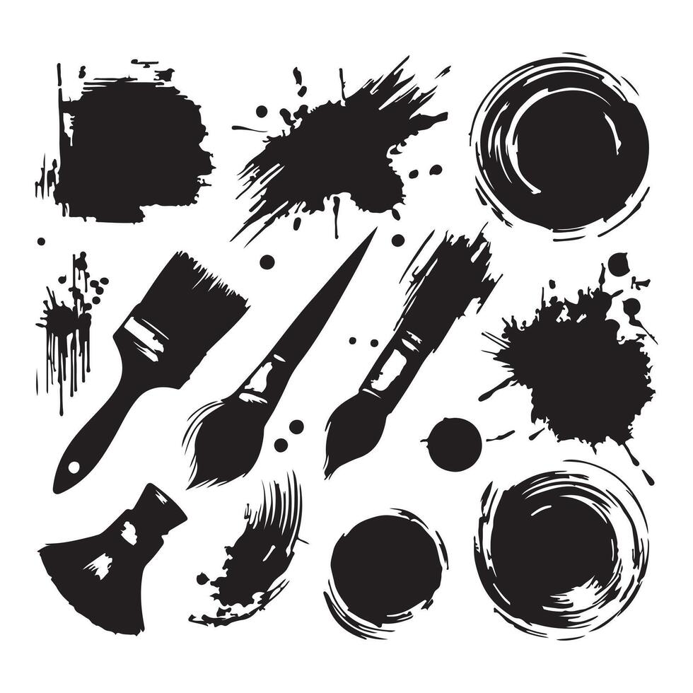 Grungy paint brush strokes and artistic ink splatters with smears and stains. Ink paint splashes with drips, blot drops, dry brush marks, rough round frames. illustration with white background vector