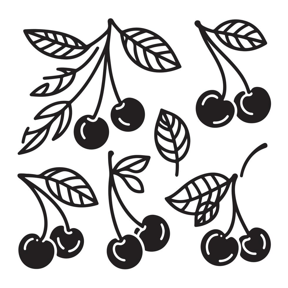 a single-line black cherry silhouette set with a white background vector