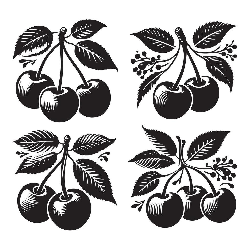 a single-line black cherry silhouette set with a white background vector