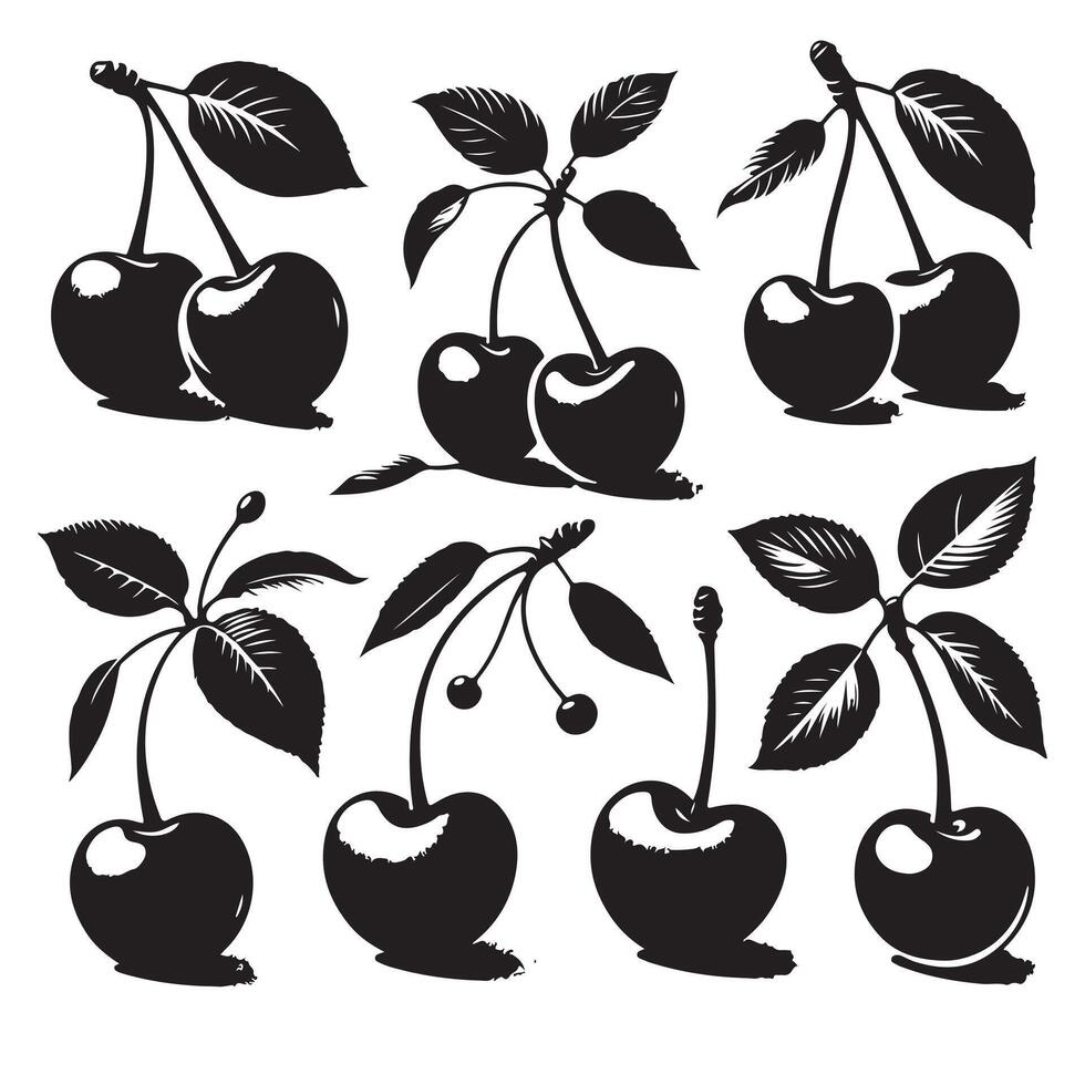 a single-line black cherry silhouette set with a white background vector