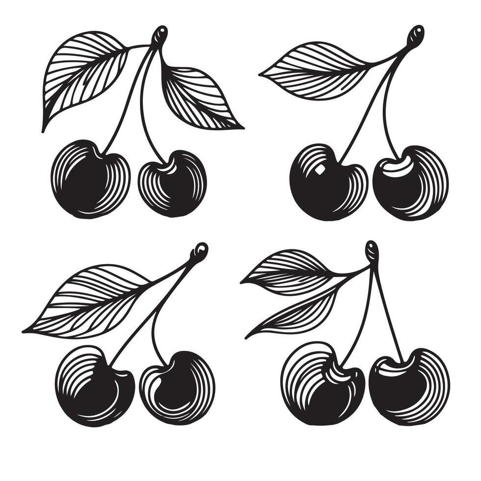 a single-line black cherry silhouette set with a white background vector