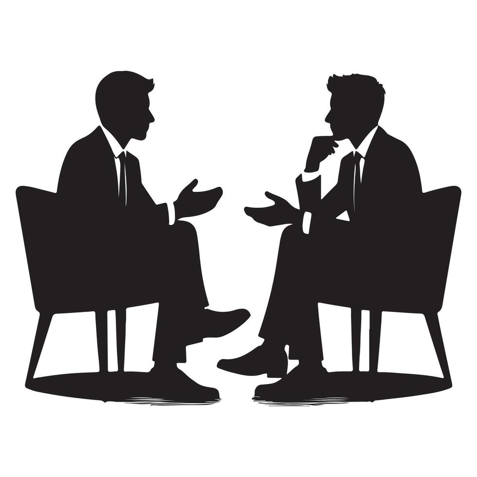Two people having a conversation. Two business people having meeting silhouette. Two businessmen sitting in chair having a discussion vector