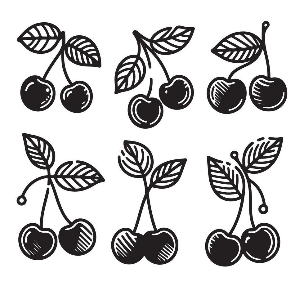a single-line black cherry silhouette set with a white background vector