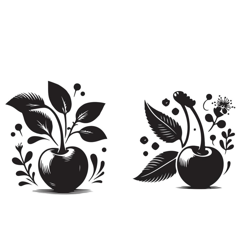 a single-line black cherry silhouette set with a white background vector