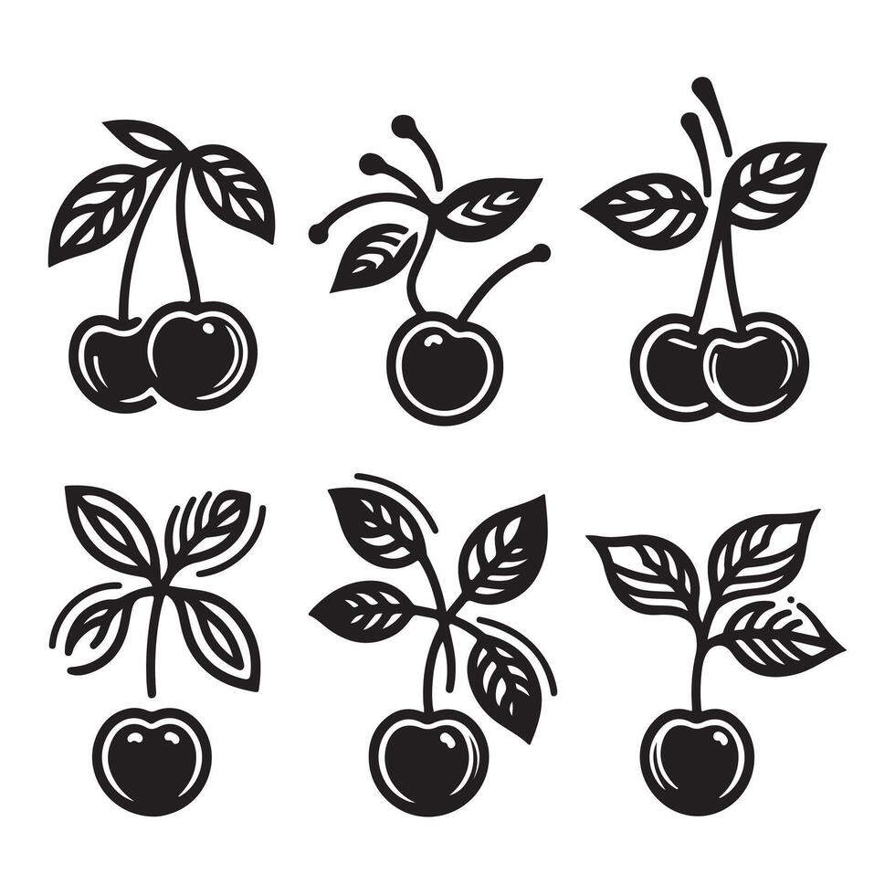 a single-line black cherry silhouette set with a white background vector