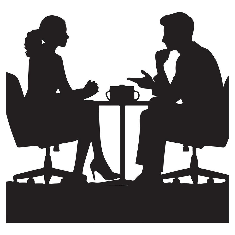 Two people having a conversation. Two business people having meeting silhouette. Two businessmen sitting in chair having a discussion vector