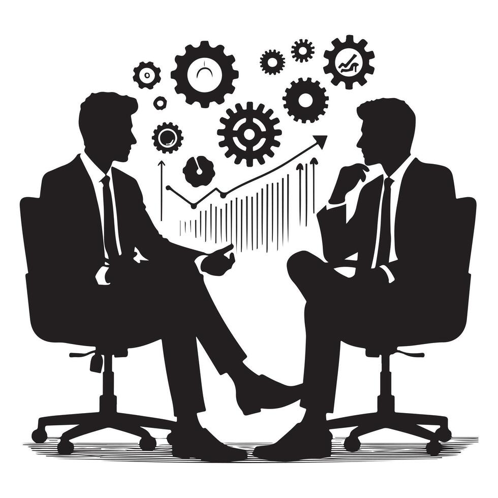 Two people having a conversation. Two business people having meeting silhouette. Two businessmen sitting in chair having a discussion vector