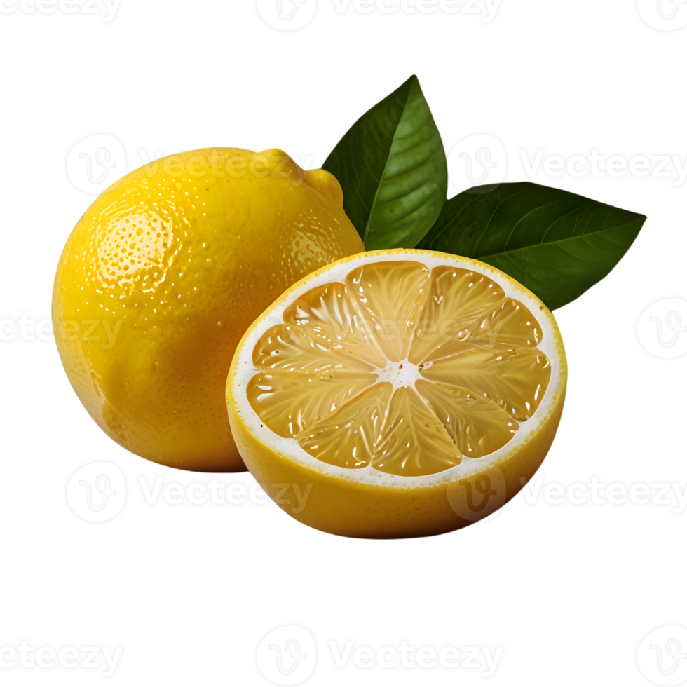 Fresh lemon with leaves isolated on transparent background png