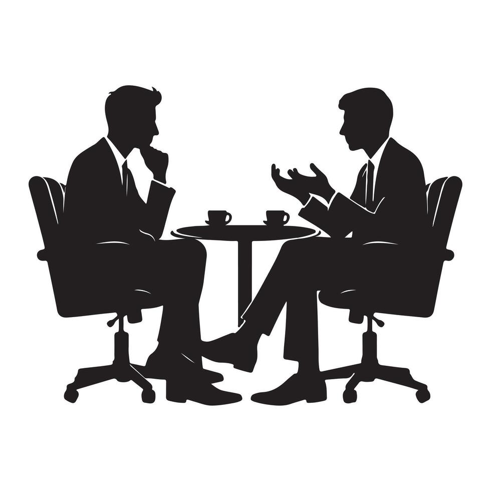 Two people having a conversation. Two business people having meeting silhouette. Two businessmen sitting in chair having a discussion vector