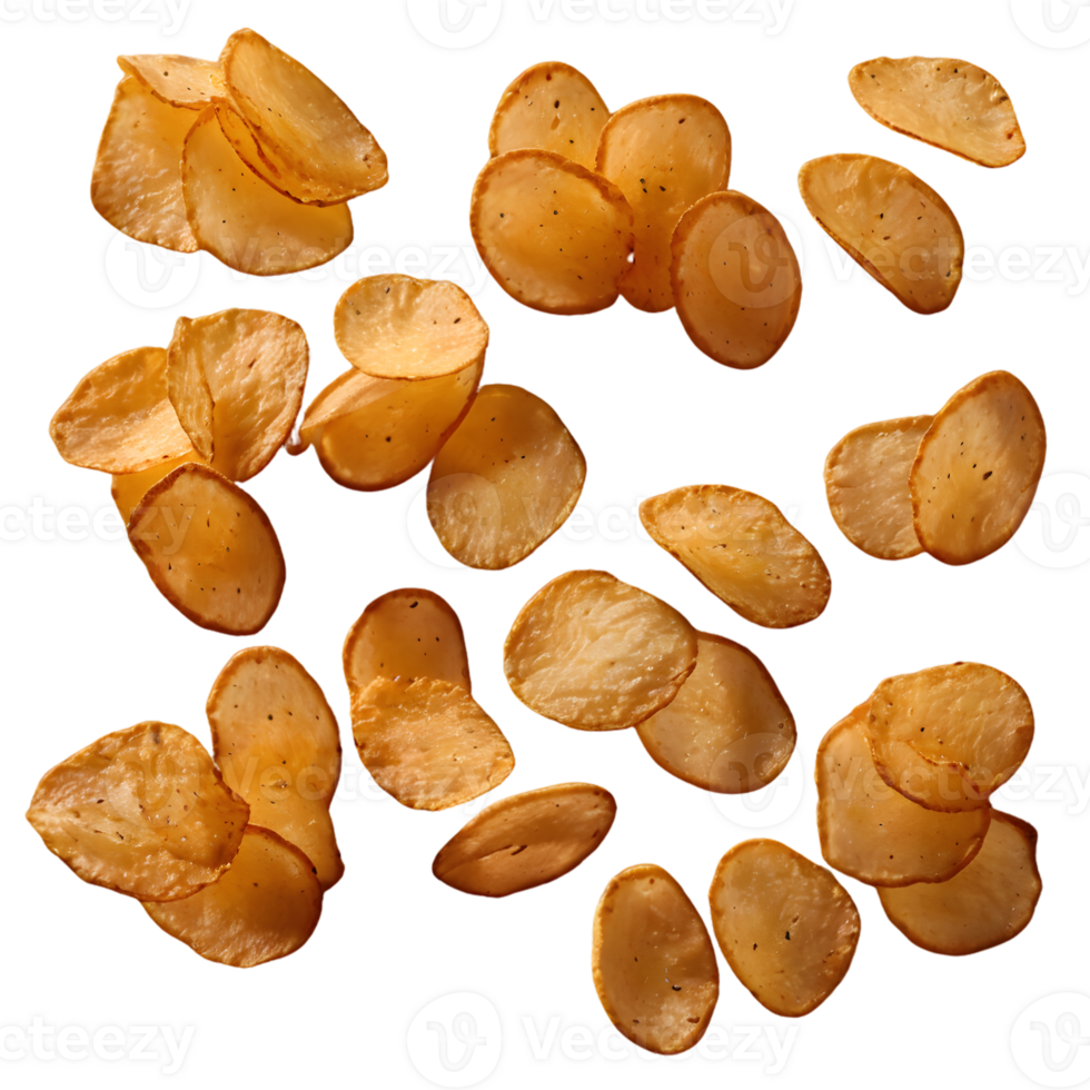 Flying and falling crispy potato chips isolated on transparent background png