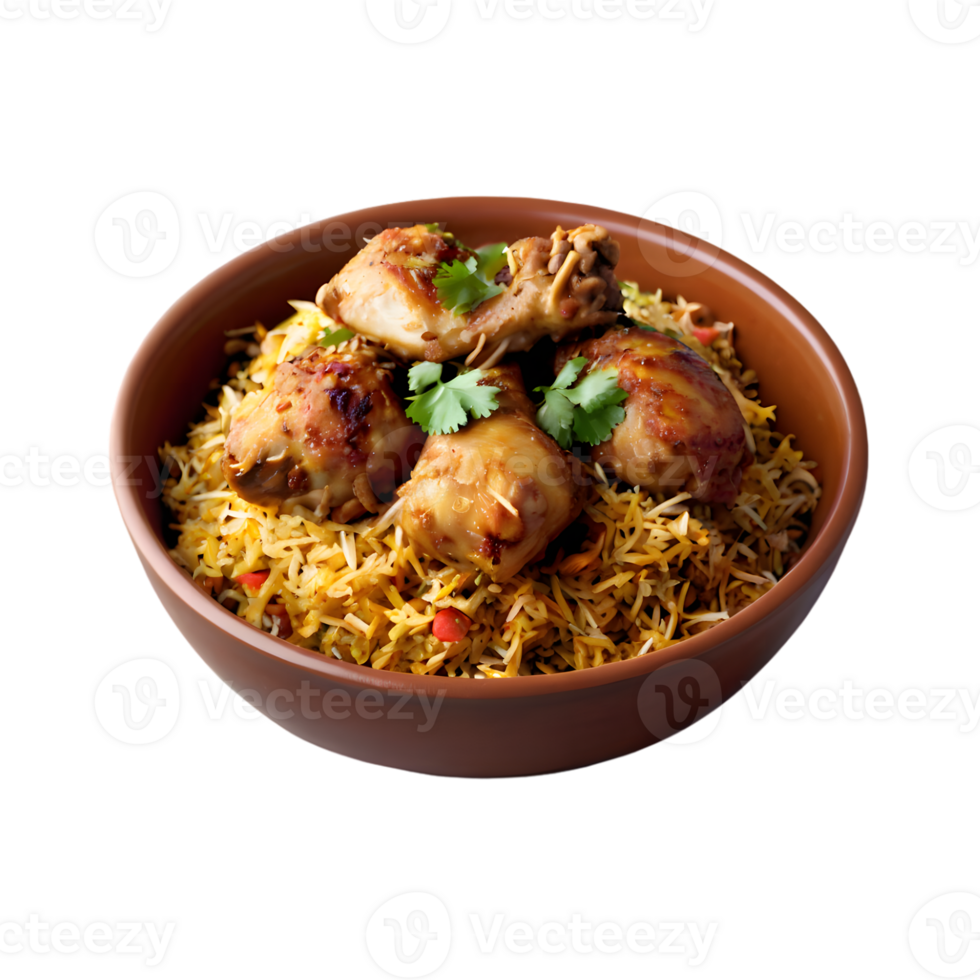 Chicken biryani in a clay bowl isolated on transparent background png