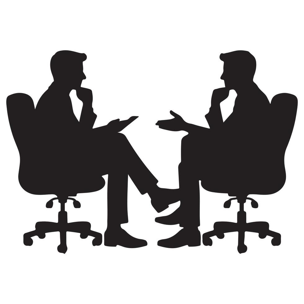 Two people having a conversation. Two business people having meeting silhouette. Two businessmen sitting in chair having a discussion vector